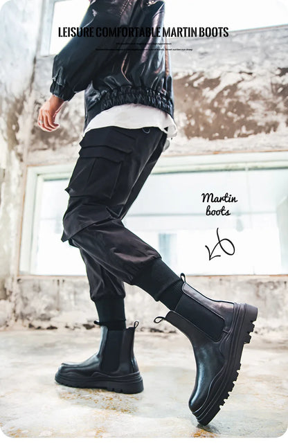 Fashion Mens Sheoes Platform Chelsea Boots Thick Bottom Split Leather Ankle Boots Male Footwear Round Toe Short Boots