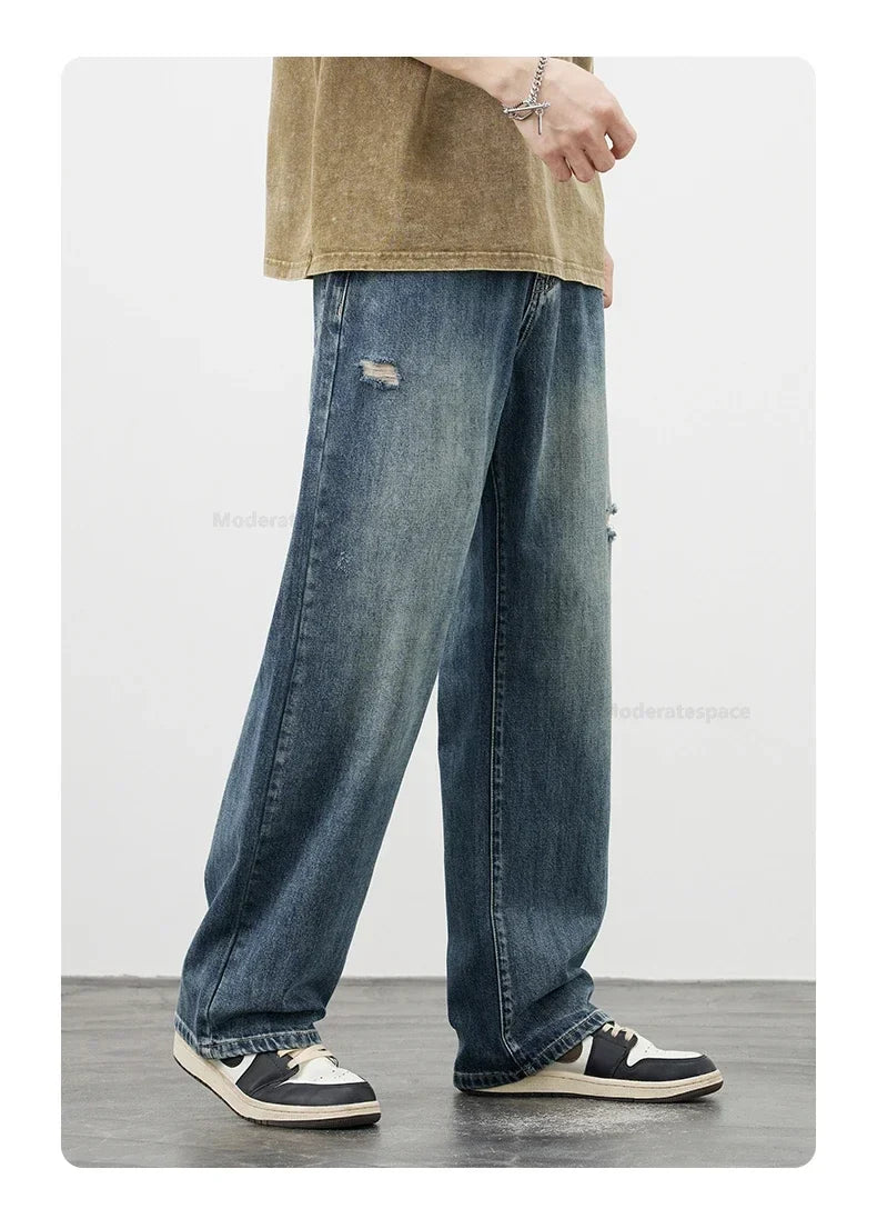 Korea Baggy Jeans Men's Vintage Straight Ripped Y2k Pants Fashion Frayed High Street Distressed Denim Trousers Male Clothes