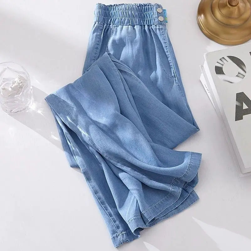 Women's Ice Silk Denim Pants Yoga Sports Thin Loose Style Summer Casual Wide Leg Harajuku Loose Waist