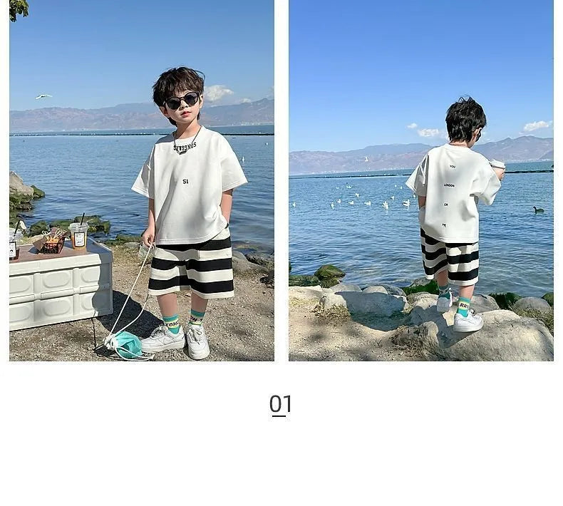 Summer Boys Cotton Leisure White T-Shirt Tops+Contrast Stripes Shorts Pant Set School Kids 2PCS Tracksuit Children Outfit 3-14Yr