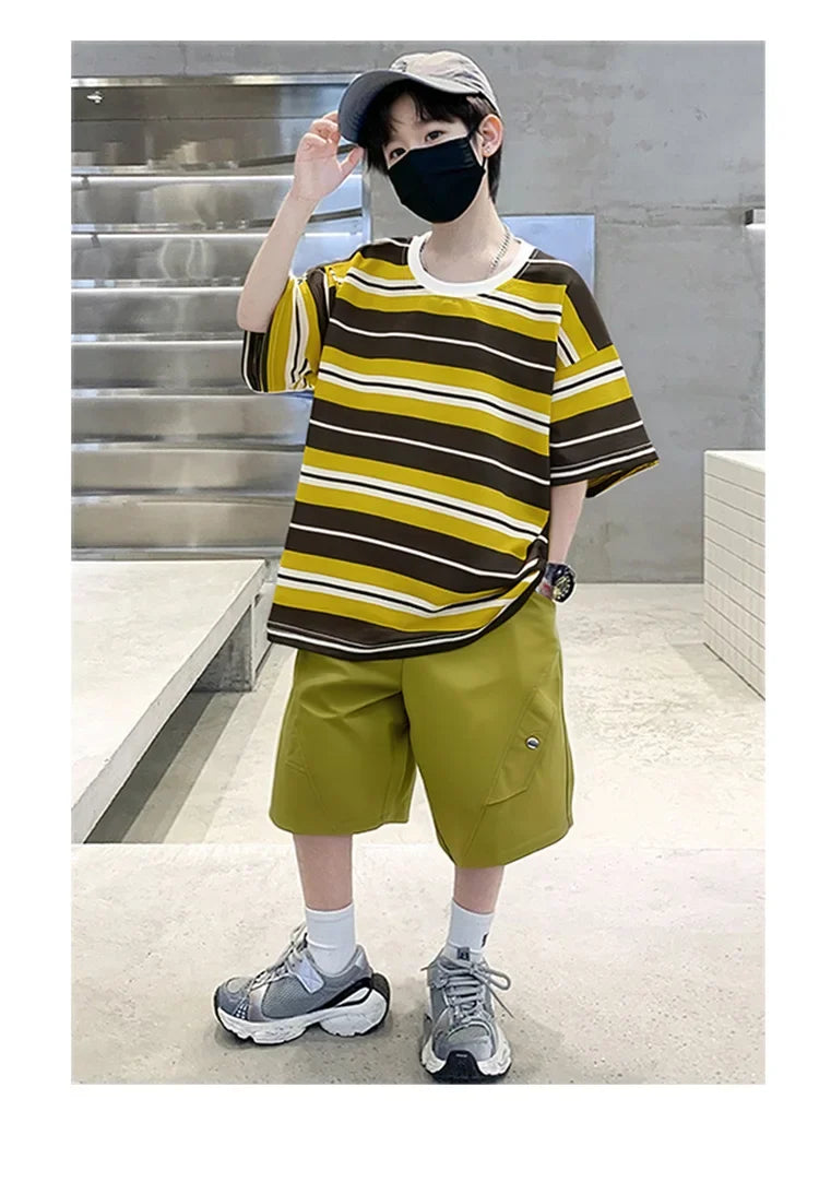 Elegant Children Summer Suit Outfit for Boy Striped Top and Bottom Set Kids Teenagers Cotton T-shirt Shorts 2 Pieces Clothes Set