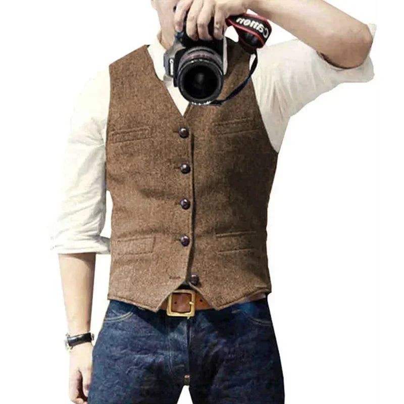 Mens Suit Vest Tweed Retro V Neck Wool Herringbone Waistcoat for Prom Single Breasted Males Dress Suit Vest Plus Size