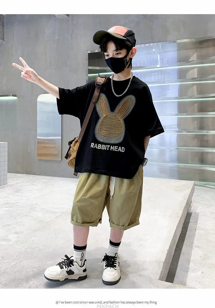 Cartoon Rabbit Boys Summer Clothing Two Piece Set Outfits Short Sleeved T-shirt Shorts Tracksuits Kids Children Casual Costumes