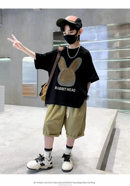 Cartoon Rabbit Boys Summer Clothing Two Piece Set Outfits Short Sleeved T-shirt Shorts Tracksuits Kids Children Casual Costumes