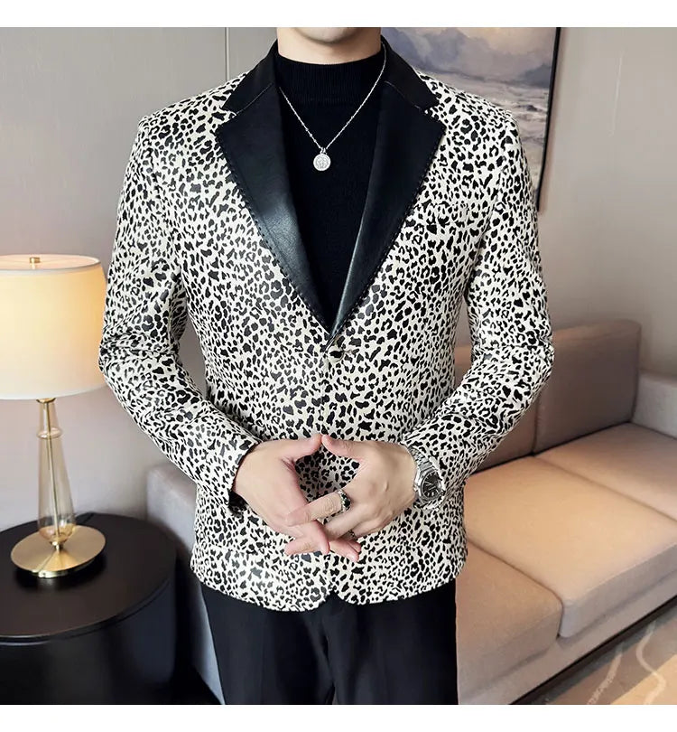 Splicing Leather Neck Casual Suit Jacket Fashion Leopard Men's Business Slim Fit Social Formal Blazers Wedding Groom Tuxedos