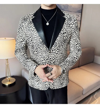 Splicing Leather Neck Casual Suit Jacket Fashion Leopard Men's Business Slim Fit Social Formal Blazers Wedding Groom Tuxedos