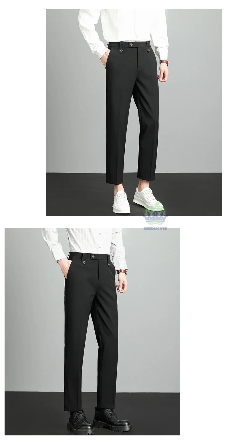 Brand High Quality Business Suit Ankle Length Pants Men Grey Khaki Waist Design Work Office Formal Long Trousers Male