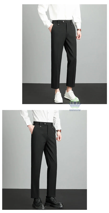 Brand High Quality Business Suit Ankle Length Pants Men Grey Khaki Waist Design Work Office Formal Long Trousers Male