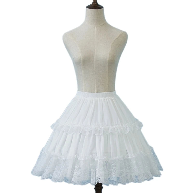 Womens Elastic Waist 2 Hoop Petticoat Ruffle Lace Short Half Slip Underskirt