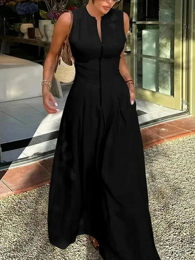 Office Lady Commute Pleated A-line Dress 2026 New Summer Fashion Solid Color Sleeveless Zipper Evening Maxi Dresses