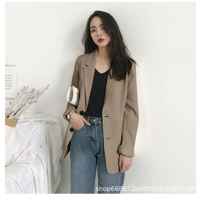 Elegant Casual Loose Long Sleeve Women's Small Suit Jacket Korean Style Spring Autumn Chic Polyester Fiber Button Decoration