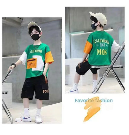 Summer Boys Clothes Sets Teenager Casual Outfits Kids Print T-shirt +Shorts 2Pcs Children Short Sleeve Tracksuit Suits 5-12 Year