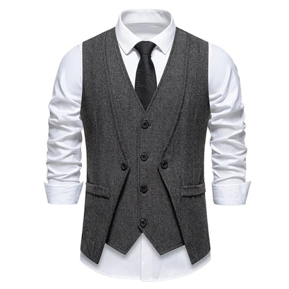 Men Vest Brown Herringbone Single Button V Neck Waistcoat For Wedding Banquet Office Business Work Casual Daily Men Suit Vest