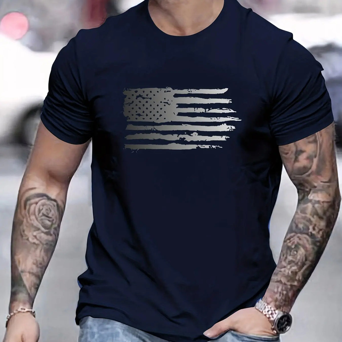 Men's summer 100 cotton fashionable casual loose plus size American flag printed sports round neck short sleeved T-shirt top