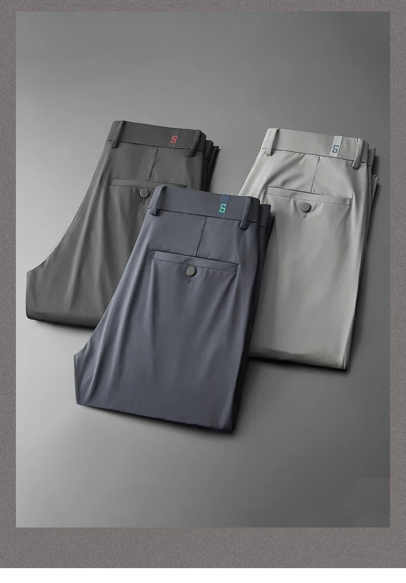 New Ice Silk Casual Pants Men Spring and Summer Mid Straight Thin Breath Pants Comfortable Light Elastic Loose Trousers