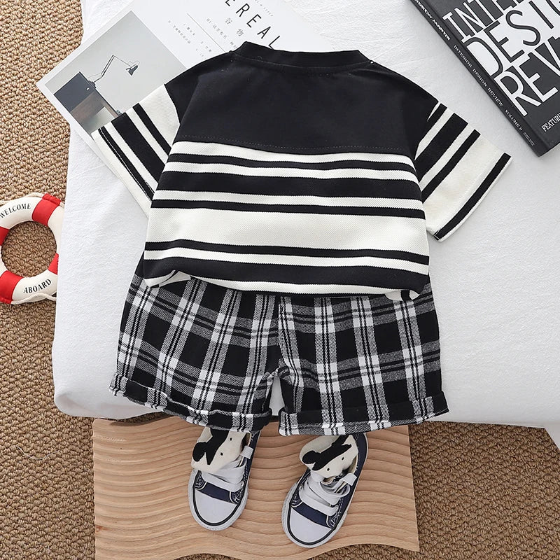 Boys clothing set summer Korean style striped T-shirt checkered shorts fashionable children's cotton 2 piece casual baby clothes