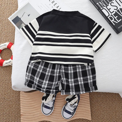 Boys clothing set summer Korean style striped T-shirt checkered shorts fashionable children's cotton 2 piece casual baby clothes