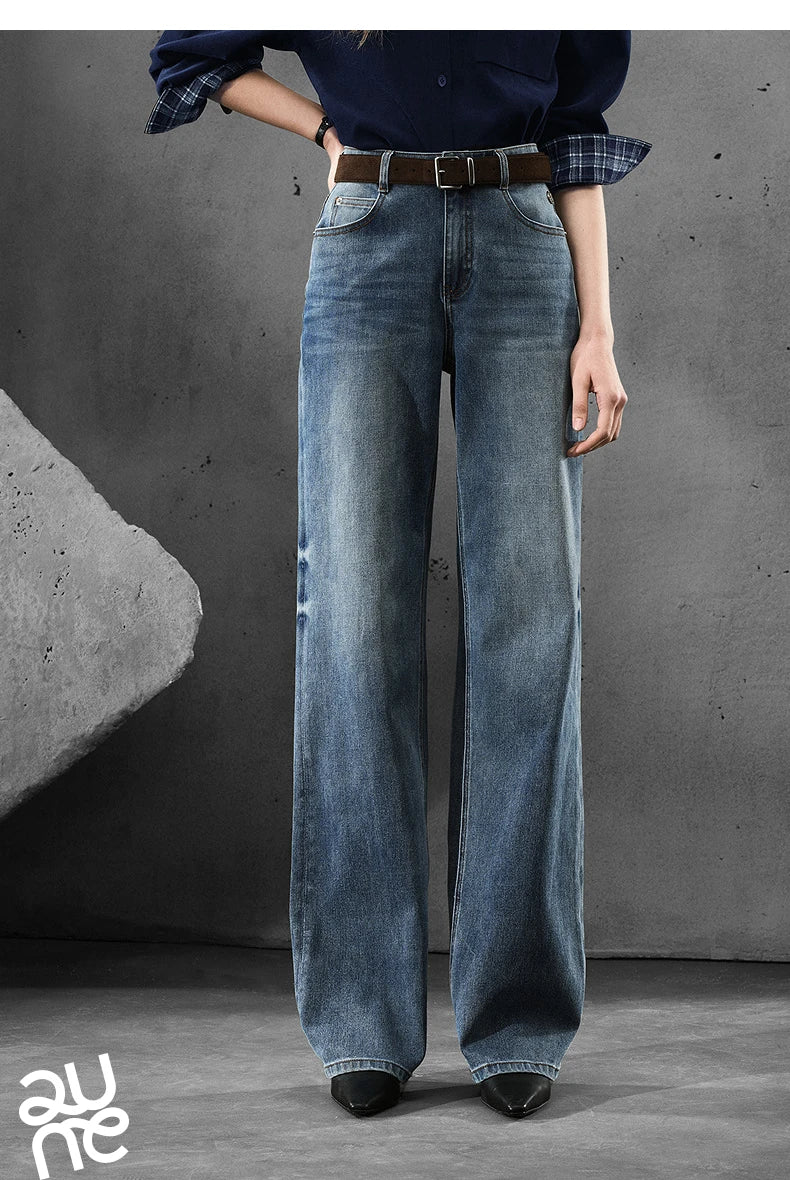 Women Denim Jeans 2025 Autumn New Lycra Stretch Straight Wide Leg Long pants