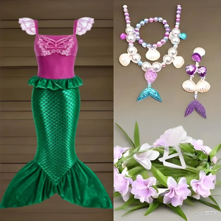2025 Girls Mermaid Dress Princess Cosplay Party Costumes Summer Purple Elegant Flying Sleeve Fancy Dresses For 2-10Y Kids