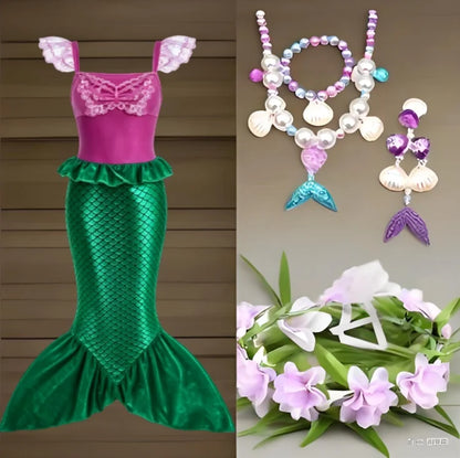 2025 Girls Mermaid Dress Princess Cosplay Party Costumes Summer Purple Elegant Flying Sleeve Fancy Dresses For 2-10Y Kids