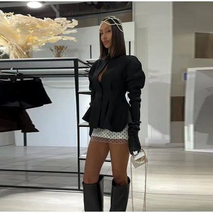 Chic Pleated Waist Cinched Women's Jacket V Neck Single Breasted Lace Up Blazer Coat Lady 2026 Casual Slim Commute Outerwear