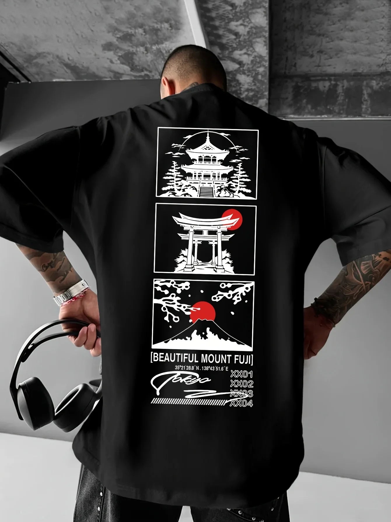 Men  Summer Streetwear Printed T-shirt with Cherry and Mount Fuji Patterns Loose Round-neck Casual Top Fashionable and Versatile