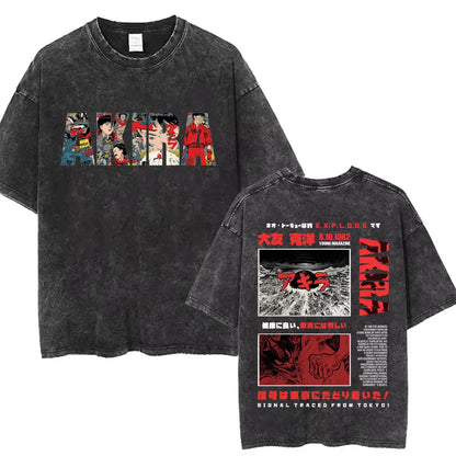 Washed Vintage Anime Akira T Shirts Japanese Science Fiction Cartoon Movie Shotaro Kaneda T-shirt Men's Manga Oversized T-shirts