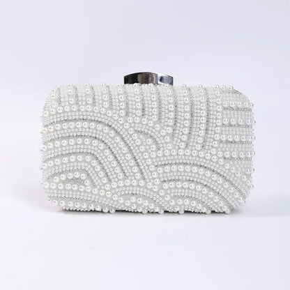 Ladies Pearl Elegant Evening Bag Fashionable Stylish Beading Wedding Dinner Party Banquet Dress Clutch Bag with Long Chain Purse