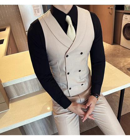 ( Vest + Pants) Men's Double-breasted Suit Vest 2 Pieces Set High Quality Business Casual Fashion Groom Wedding Dress Vest Sets