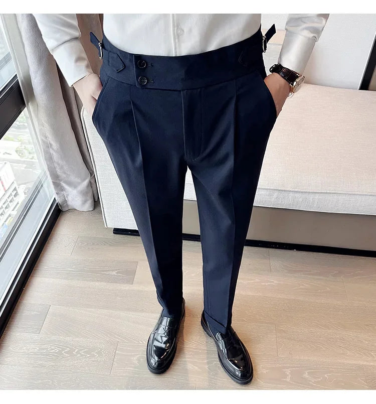 Autumn Winter High Waist Business Dress Pants Men Casual Belt Design Slim Suit Pants Formal Wedding Social Party Male Trousers