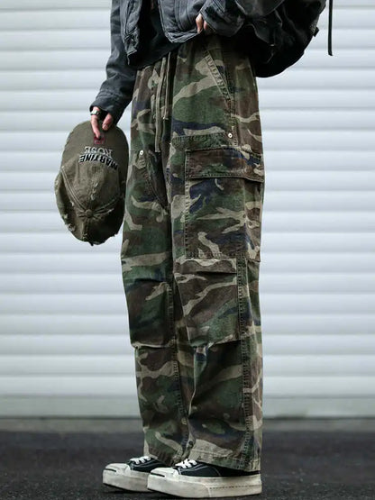 American Tactical Cargo Pants Men Heavyweight Cotton Loose Fit Straight Leg Camouflage Vintage Washed Outdoor Streetwear Premium