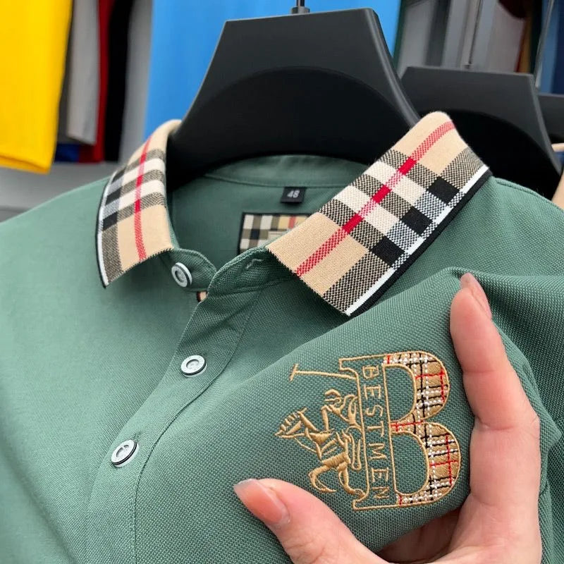 Luxury brand short sleeve men's polo shirt summer high-end fashion plaid embroidery lapel casual T-shirt breathable cotton top
