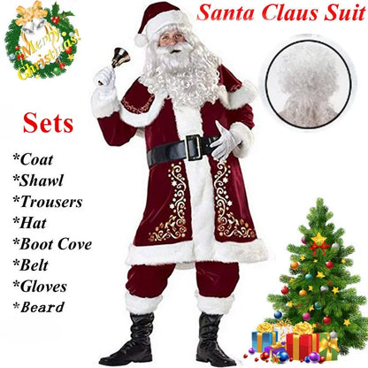 New Red Deluxe Velvet Fancy Dress Up Party Man Stage Costume Xmas Santa Claus Suit Adult Oversize Christmas Cosplay Costume