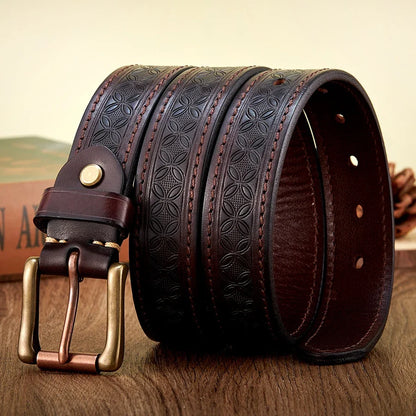 High Quality Embossed Western Cowboy Brass Buckle Belt Real Thick Genuine Leather Designer Men Belt Punk Jeans Belts For Men