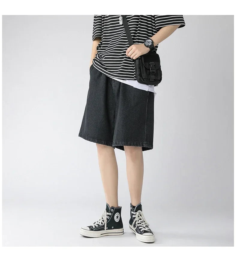 Wide Baggy Denim Shorts Men Summer Thin Solid Color Casual Loose Knee-length Pants Male Jeans Shorts Streetwear