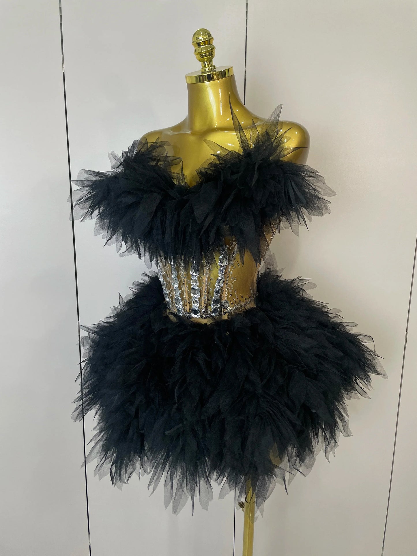 2025Women Sexy Backless Strap Mesh Fluffy Skirt 2 Pieces Diamond Sequins Stage Performance Costume Birthday Party Shooting Dress
