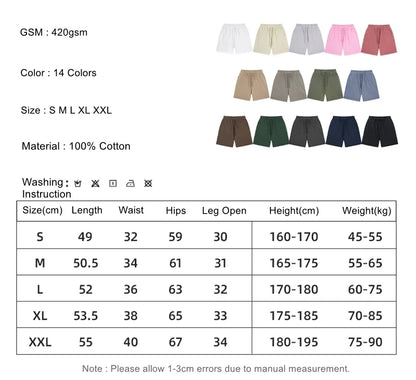 Fashion Summer Men 420gsm Washed Cotton Shorts Retro Unisex High Street Terry Knee Length Short Pants Streetwears HY0845