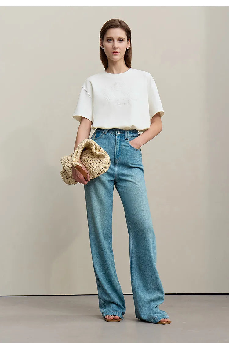 Women's T-Shirt 2026 Summer New Round Neck Drop Shoulder Cotton Tee Lace Embroidered Woman Loose Fit knit Tops 12622048