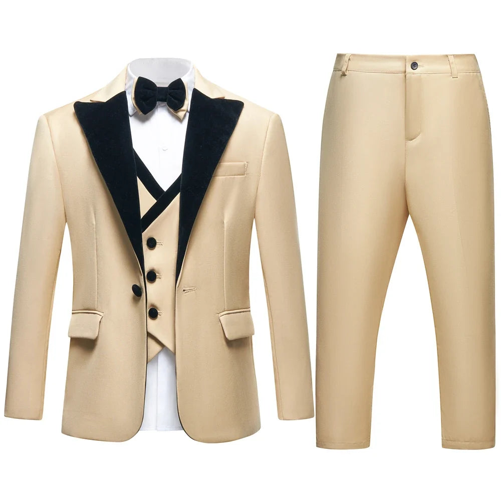 Four Pieces Boys Formal Suit Set, Velvet Collar Blazer Vest Pants Bow-tie Tuxedo Pants, Homecoming Children Wedding Suits
