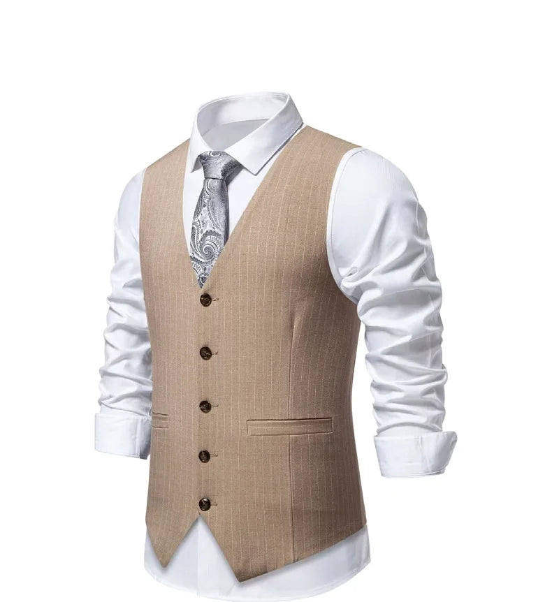 2026 New Red Striped Suit Vest For Men,Fashion Business Formal Wear Casual Khaki/Black Stripes Waistcoats
