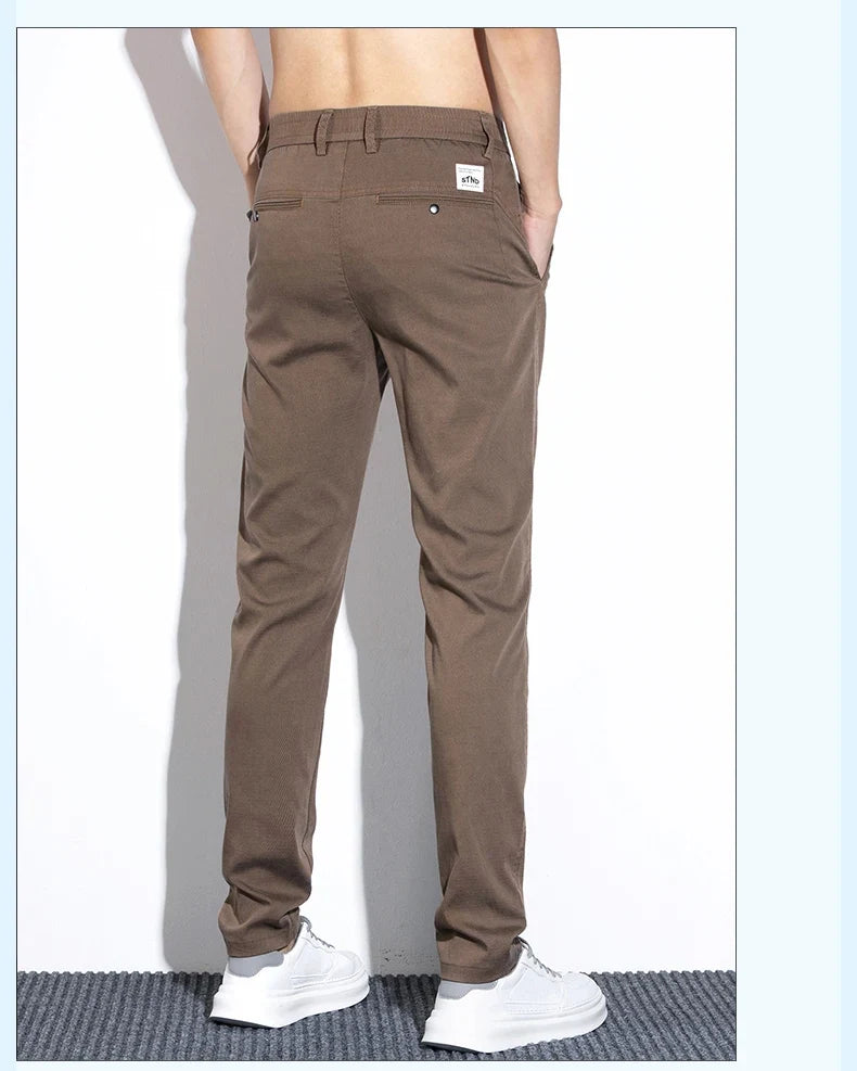 Thin Men's Pants Spring Summer Straight Casual Pants Lyocell Fabric Fashion Slim Stretch Korean Trousers Solid Color 2025 New