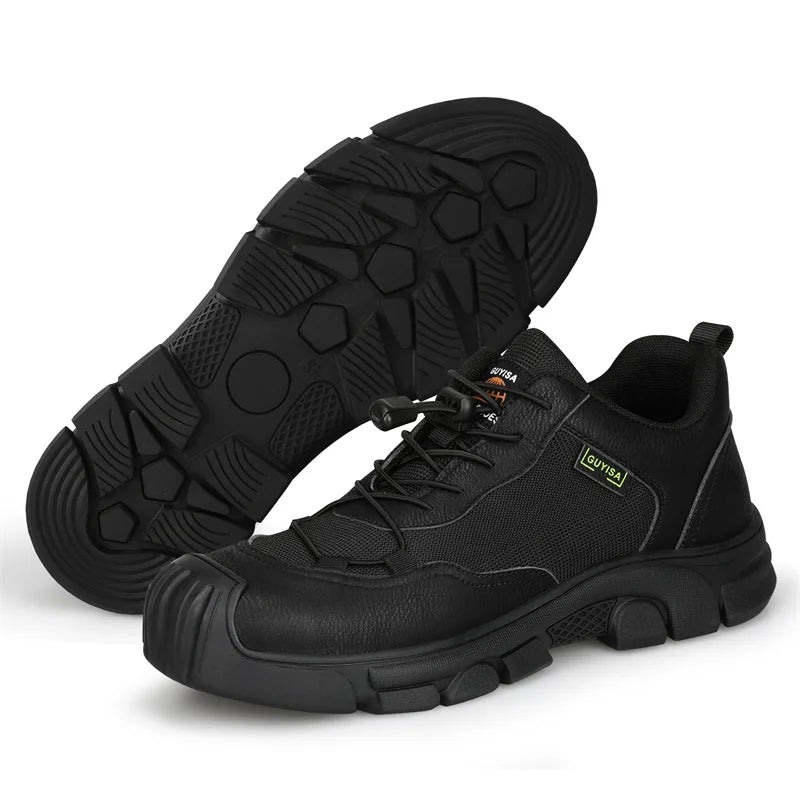 Black Leather Work Safety Shoes Waterproof Indestructible Steel Toe Cap Labor Shoes For Men Breathable Anti Smashing Sneakers