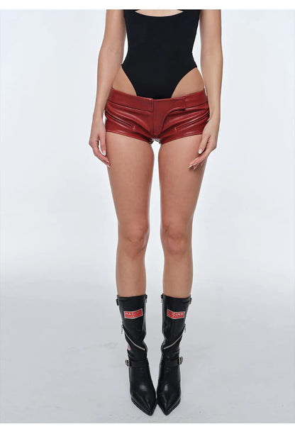 Spring Summer Sexy Fitted Pu Leather Micro Mini Shorts Women Low Waist Punk Style Alt Gyaru Clothing Streetwear Buttoms