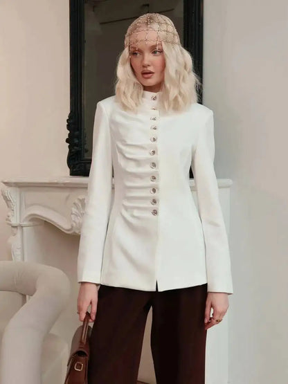 Women 2026 Spring Autumn Mandarin Collar Blazer Ruched Front Multi Row Buttons Long Sleeve Fit Formal Office Outerwear Coat