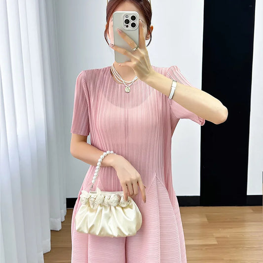 Miyake Y2k Pleated Women's Dress Bubble Short-sleeved Loose Slim Thin Medium-length Dresses for Women 2024 Summer New