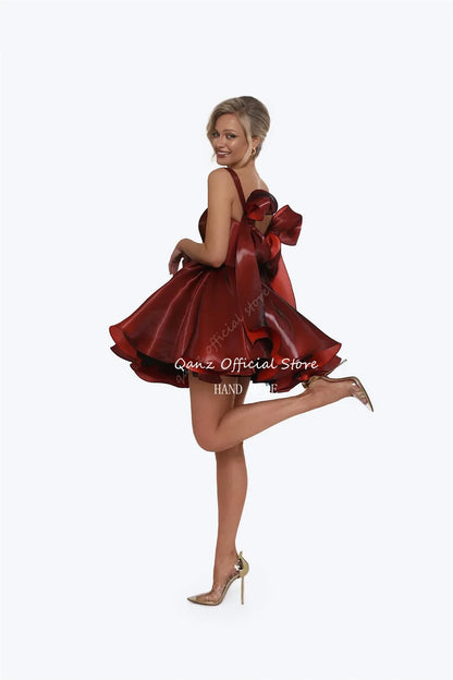 Pink Satin Prom Dresses Strapless Bow Satraps Short Birthday Dress Woman Sexy Lace Up Back платье на выпускной Customized