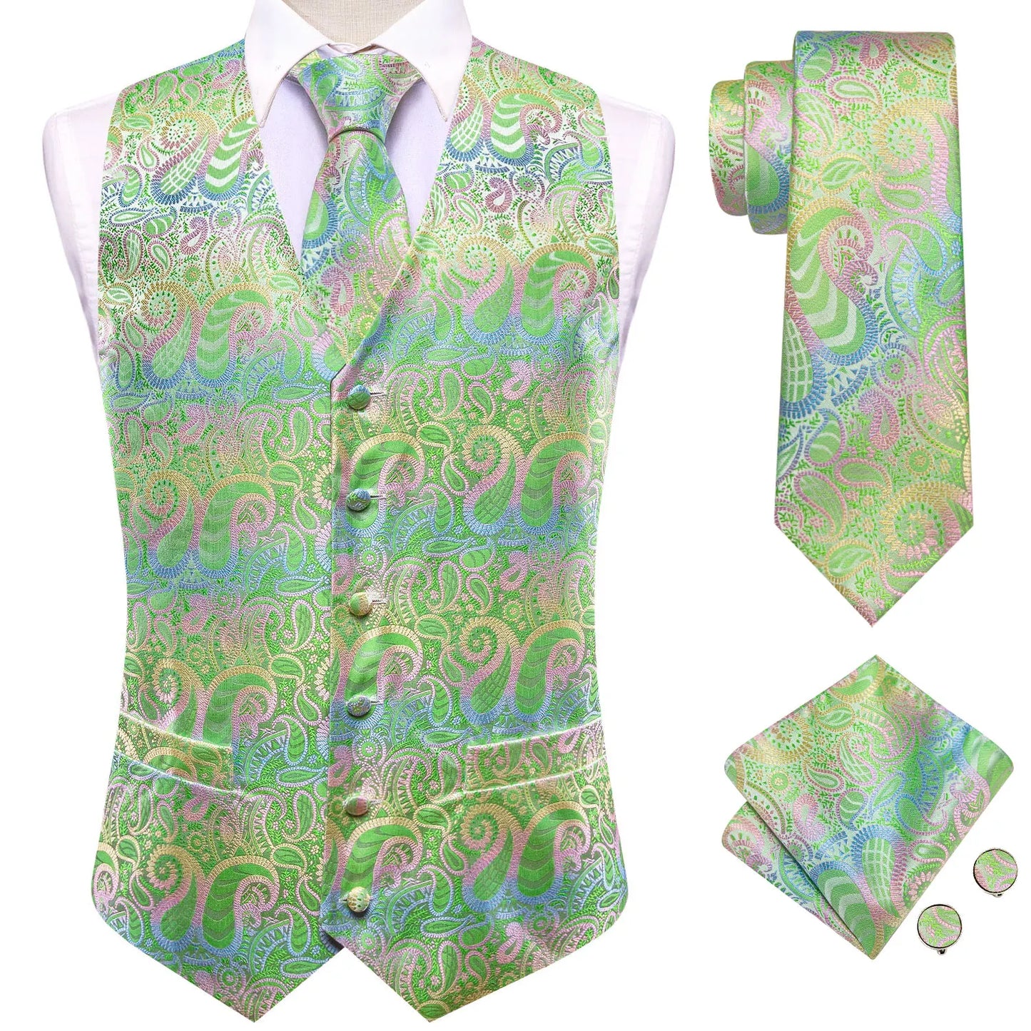 Mens Suit Vests Jacquard Woven Paisley Waistcoat Tie Hankerchief Cufflinks Set Green Teal Mint for Men Weddding Business Party