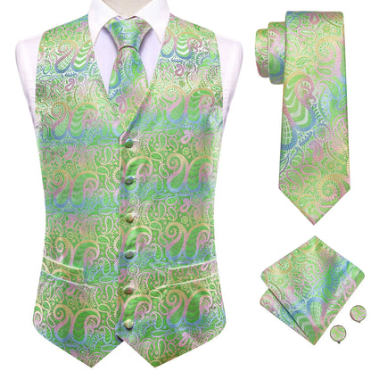 Mens Suit Vests Jacquard Woven Paisley Waistcoat Tie Hankerchief Cufflinks Set Green Teal Mint for Men Weddding Business Party