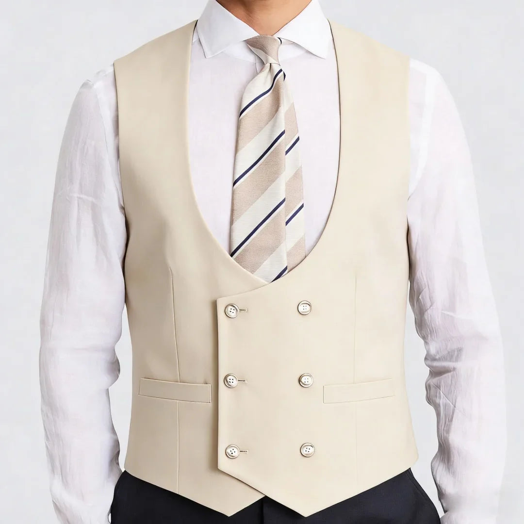 Men Vest White Solid Double Button V Neck Waistcoat For Wedding Party Banquet Business Office Work Daily Casual Men Suit Vest