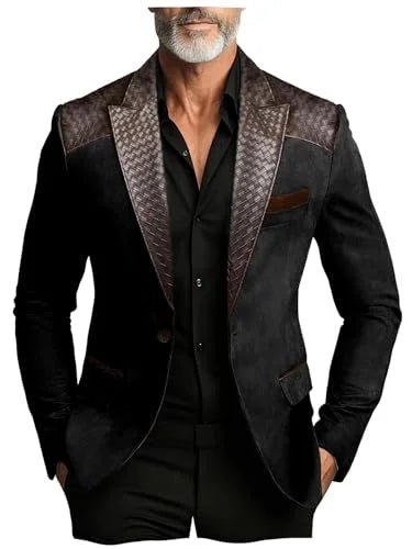 Men's Faux Suede Jacket with PU Leather Collar & Shoulder Two-Tone Blazer Contrast Trim Coat